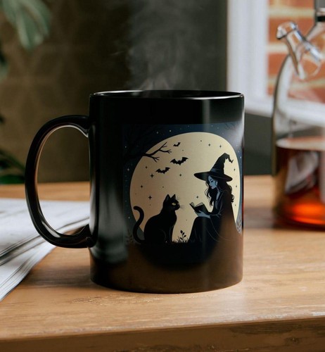 Witch reading book mug black - book,