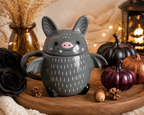 Cute bat lidded - ceramic, mug